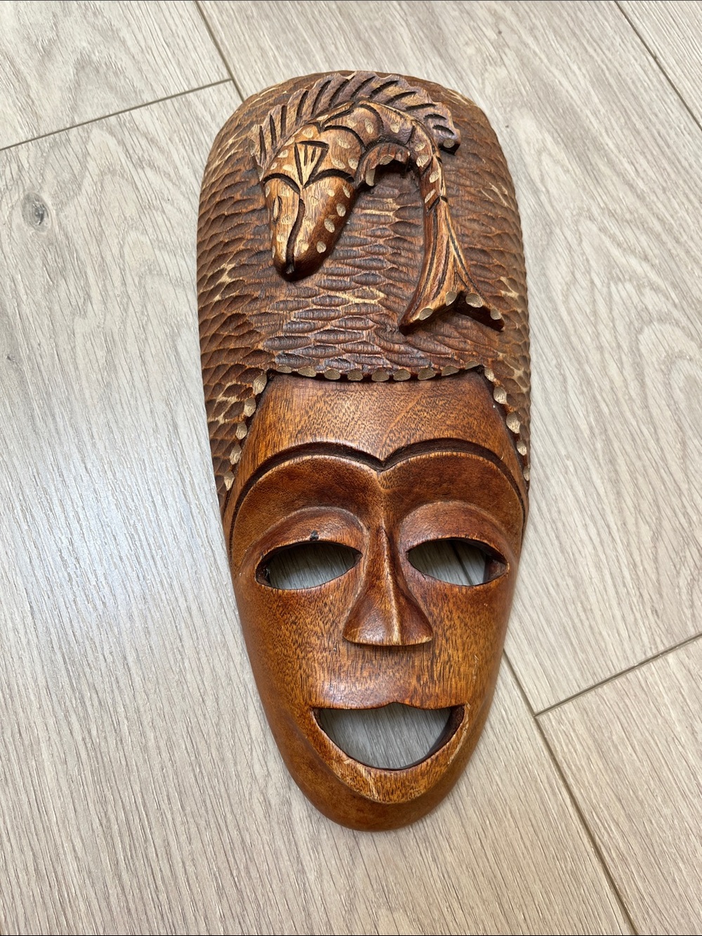 Hand-Carved Wooden Mask with Fish Motif - Warm Brown/Signed!